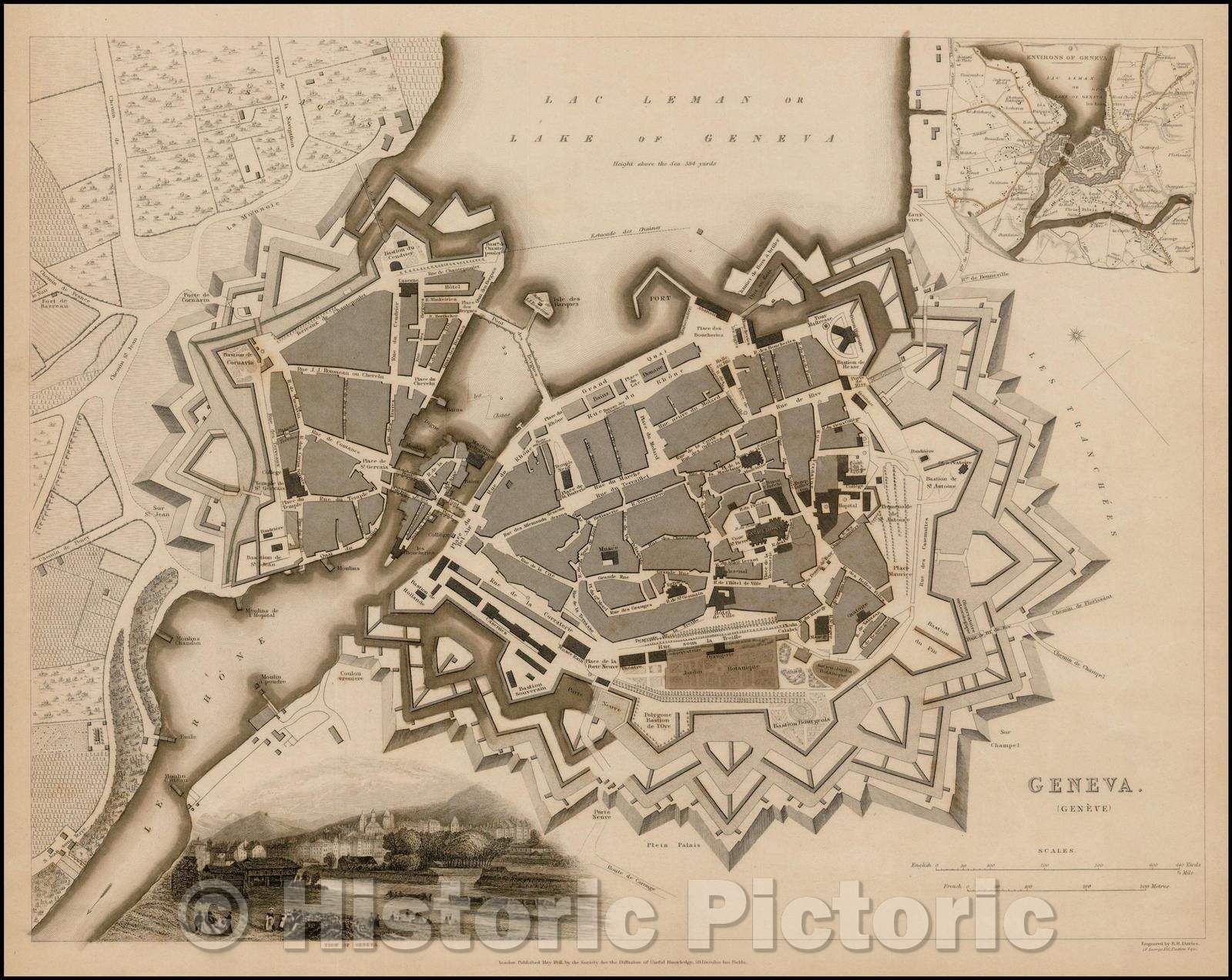 Historic Map - Geneva [Gen?e] / Plan of Geneva, with a small vignette View of the city, 1841, SDUK - Vintage Wall Art