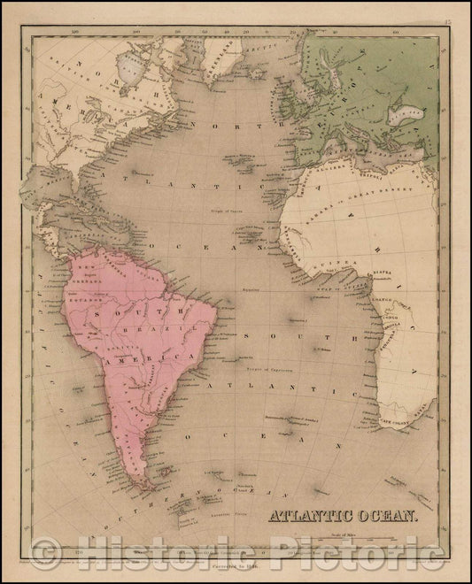 Historic Map - Atlantic Ocean, 1841, Thomas Gamaliel Bradford - Vintage Wall Art