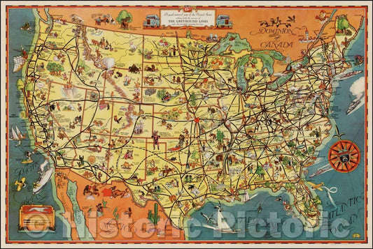 Historic Map - A good-natured map of the United States setting forth the service of The Greyhound Lines and a few principal connected but lines, 1937, - Vintage Wall Art