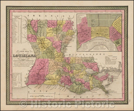 Historic Map - Louisiana with its Canals, Roads, Distances from Place to Place, along the Stage & Steam Boat Routes, 1844, Samuel Augustus Mitchell - Vintage Wall Art