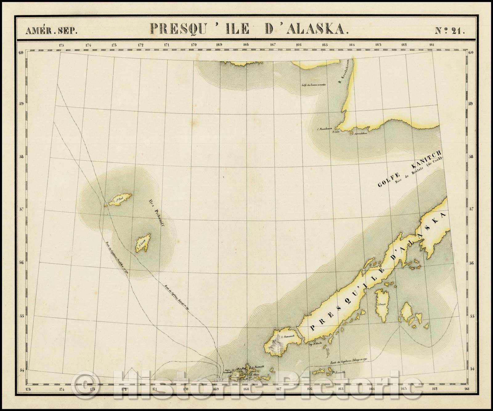 Historic Map - Presqu ' Ile D 'Alaska Amer. Sep. No. 21. / Map of the Alaskan Archipelago, shown in greater detail and scale than any other Map, 1825 - Vintage Wall Art