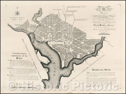 Historic Map - PLAN of the City of Washington in the Territory of Columbia. ceded, 1792, John Vallance - Vintage Wall Art