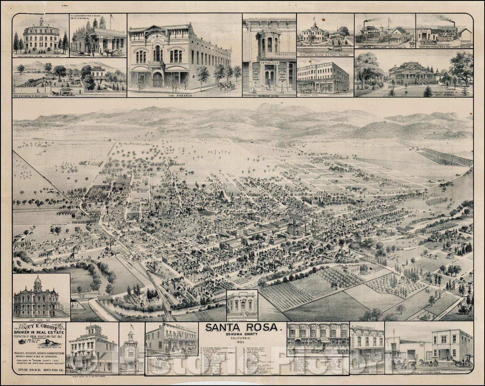 Historic Map - Santa Rosa, Sonoma County, California, 1885, W.W. Elliott & Co. - Vintage Wall Art