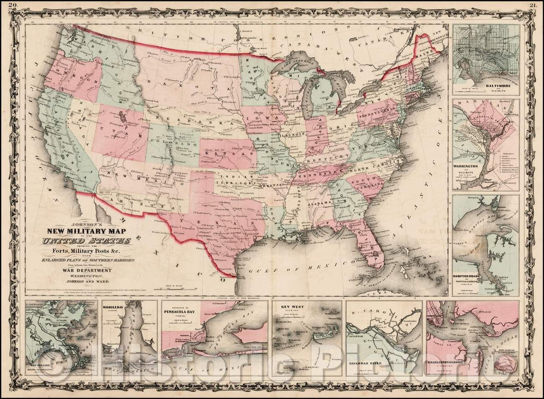 Historic Map - Johnson's New Military of the United States Forts, Military Posts & all the Military Divisions with Enlarged Plans of the Southern Harbors, 1862 v2