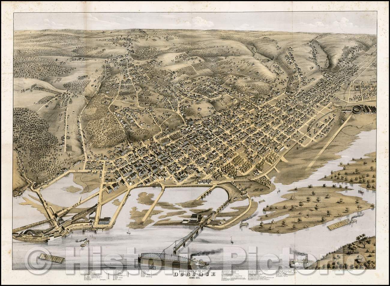 Historic Map - Birdseye View of the City of Dubuque Iowa, 1872, Augustus Koch - Vintage Wall Art