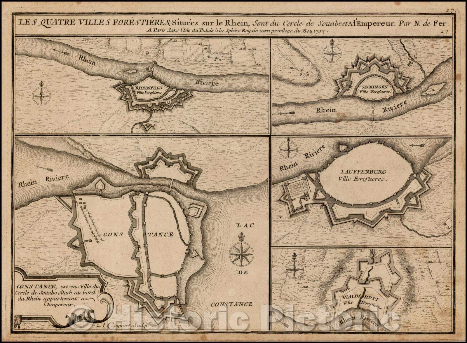Historic Map - Les Quatre Villes Forestieres, Situees sur le Rhein, Sont du Cercle de Sou, 1705 - Vintage Wall Art