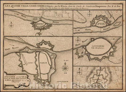 Historic Map - Les Quatre Villes Forestieres, Situees sur le Rhein, Sont du Cercle de Sou, 1705 - Vintage Wall Art