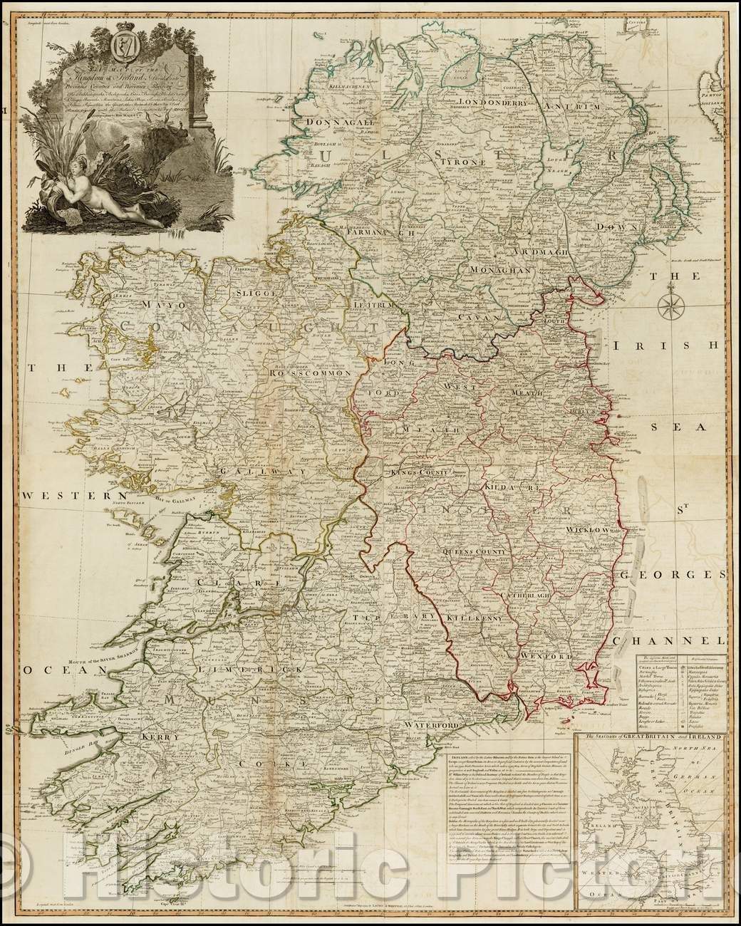 Historic Map - Kingdom of Ireland, Divided into Provinces, Counties and Baronies, 1794, Laurie & Whittle - Vintage Wall Art