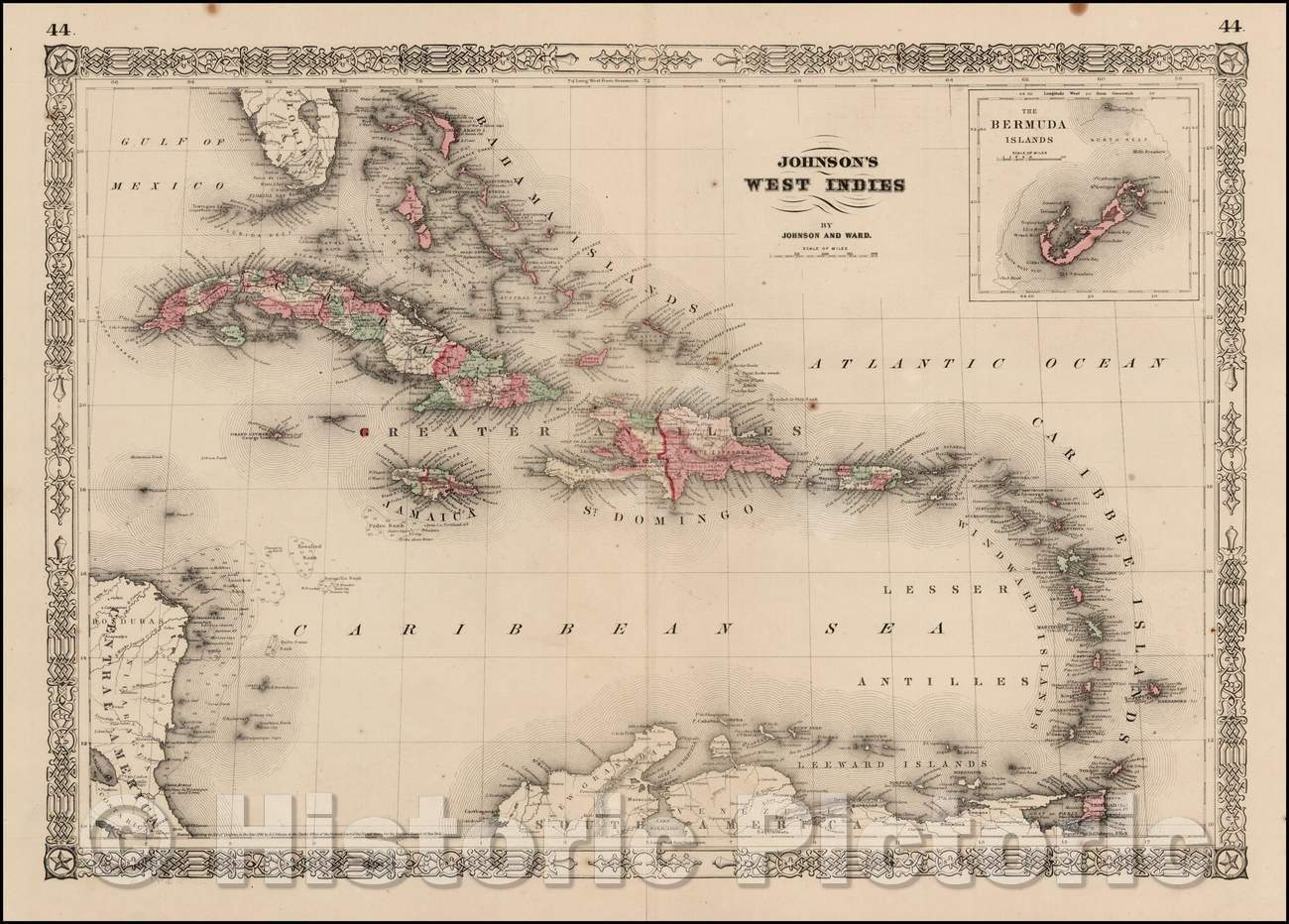 Historic Map - Johnson's West Indies, 1865, Benjamin Ward - Vintage Wall Art