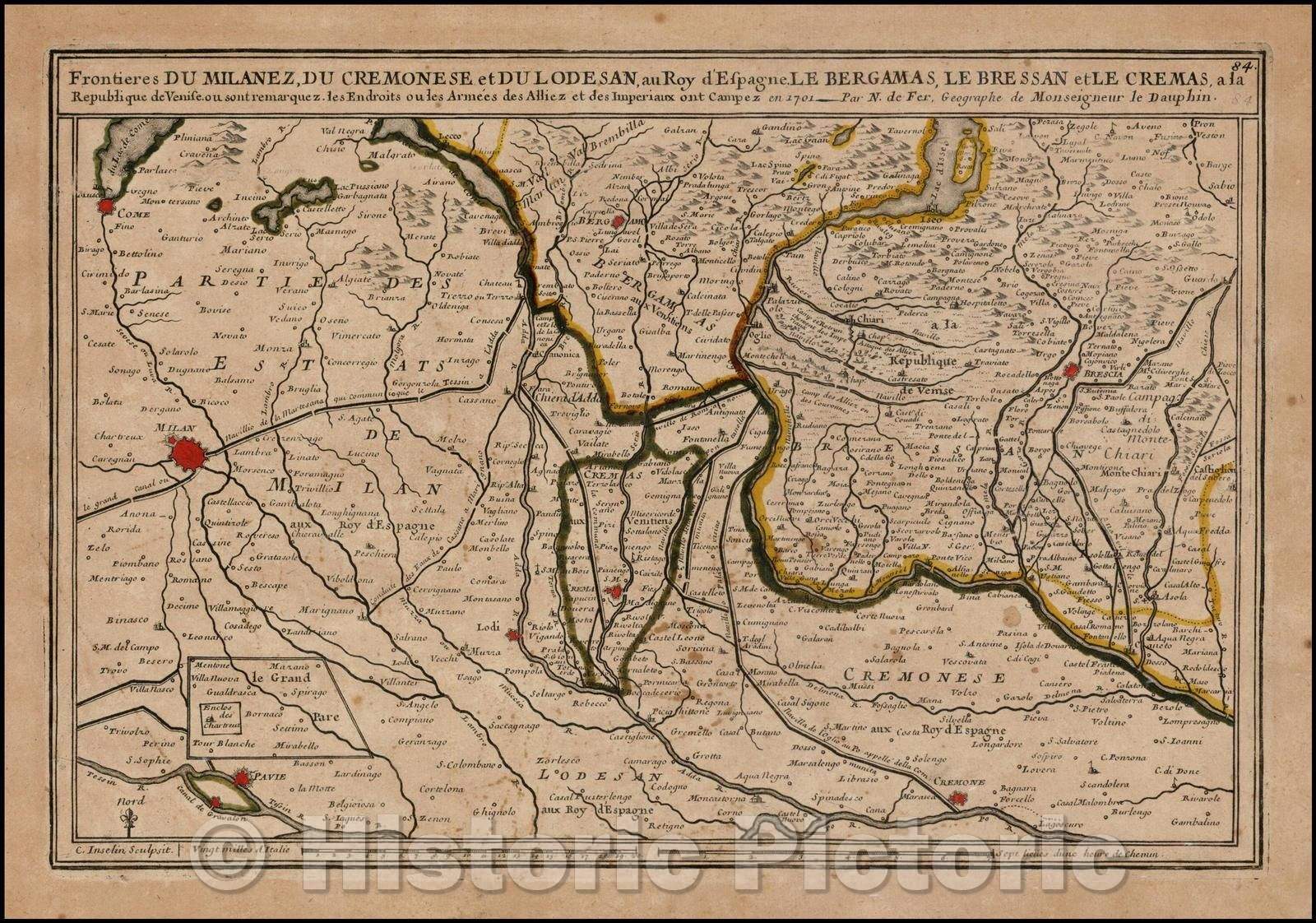 Historic Map - Frontieres Du Milanez, Du Cremonese et Du Lodesan, au Roy D'Espagne, Le Bergamas, Le Bressan et Le Cremas, a la Republique de Venise, 1705 v1