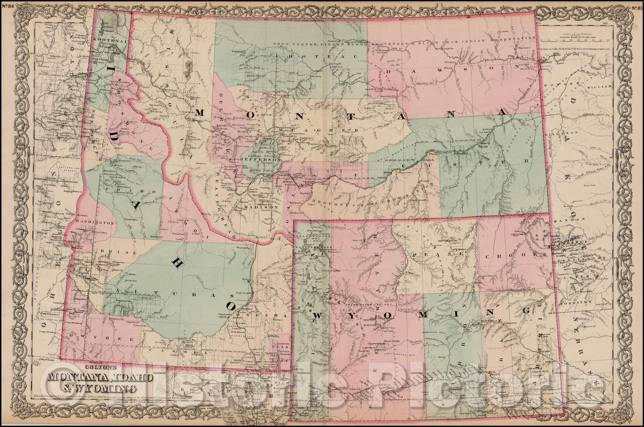 Historic Map - Colton's Montana, Idaho & Wyoming, 1870, G.W. & C.B. Colton - Vintage Wall Art