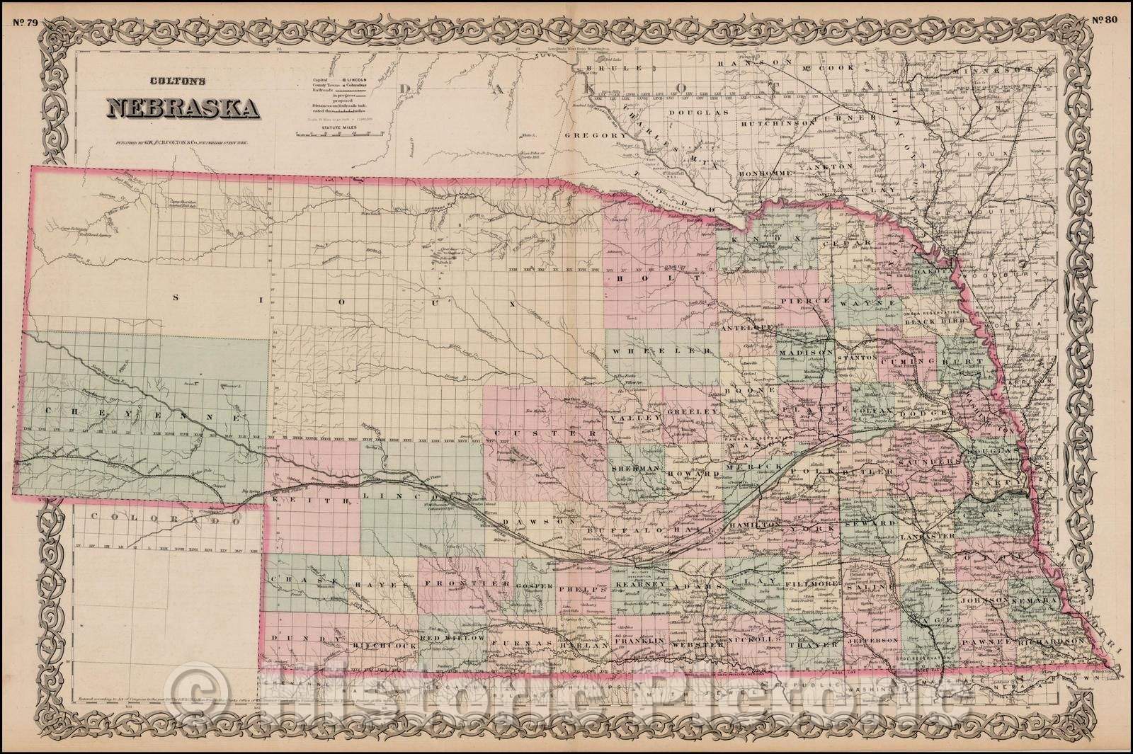 Historic Map - Colton's Nebraska, 1867, G.W. & C.B. Colton - Vintage Wall Art