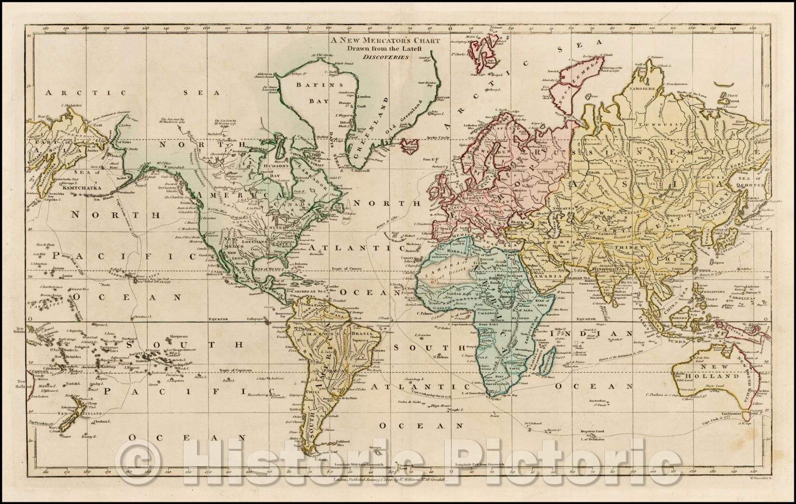 Historic Map - A New Mercator's Chart, 1808, Robert Wilkinson - Vintage Wall Art