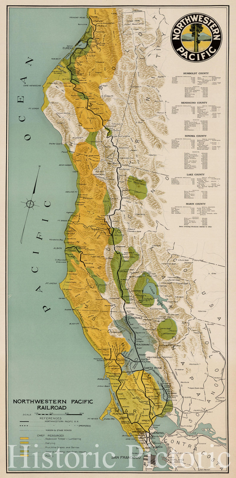 Northwestern Pacific Railroad System Map, California 1914 ca