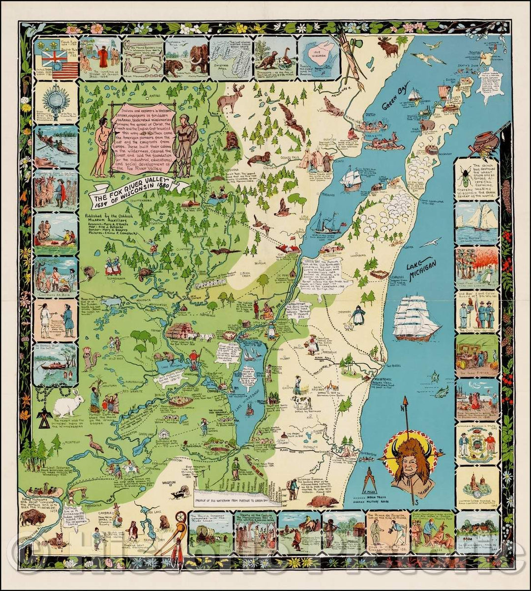 Historic Map - The Fox River Valley of Wisconsin 1634-1880, 1931, Oshkosh Museum Auxilary - Vintage Wall Art