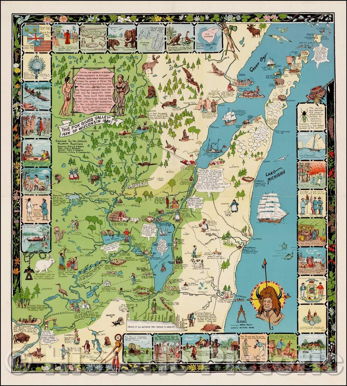 Historic Map - The Fox River Valley of Wisconsin 1634-1880, 1931, Oshkosh Museum Auxilary - Vintage Wall Art