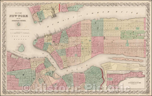 Historic Map - Map of New York And the Adjacent Cities, 1855, Joseph Hutchins Colton v2