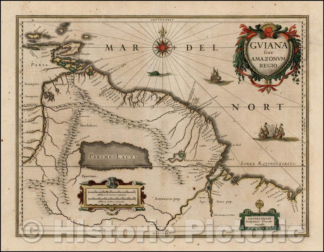 Historic Map - (El Dorado) Guiana Sive Amazonum Regio/Blaeu's Map of the coast between the Orinoco River and the Amazon, 1640, Willem Janszoon Blaeu - Vintage Wall Art