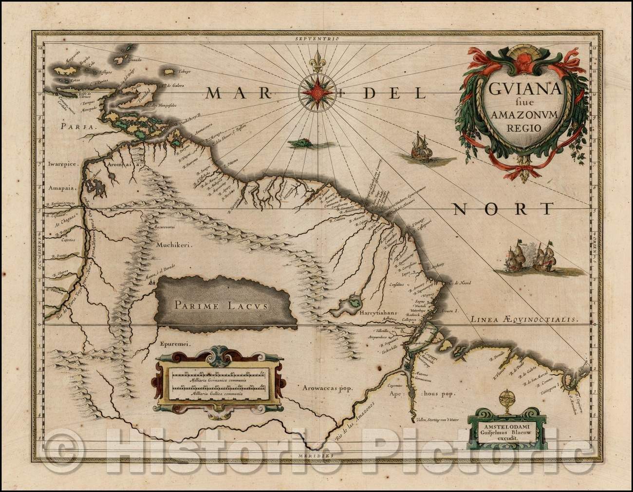 Historic Map - (El Dorado) Guiana Sive Amazonum Regio/Blaeu's Map of the coast between the Orinoco River and the Amazon, 1640, Willem Janszoon Blaeu - Vintage Wall Art