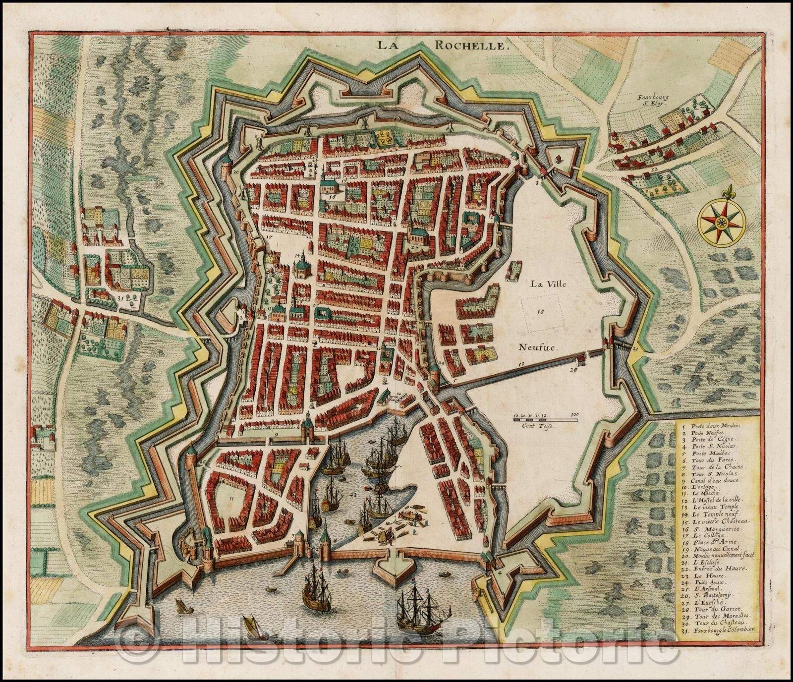 Historic Map - La Rochelle, 1638, Matthaus Merian - Vintage Wall Art
