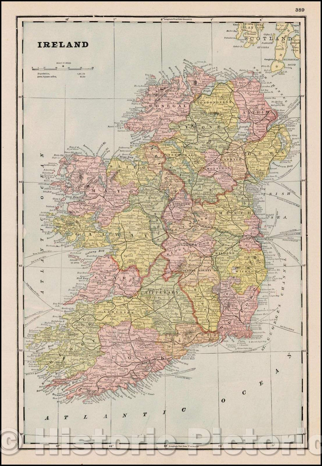 Historic Map - Ireland, 1892, George F. Cram - Vintage Wall Art