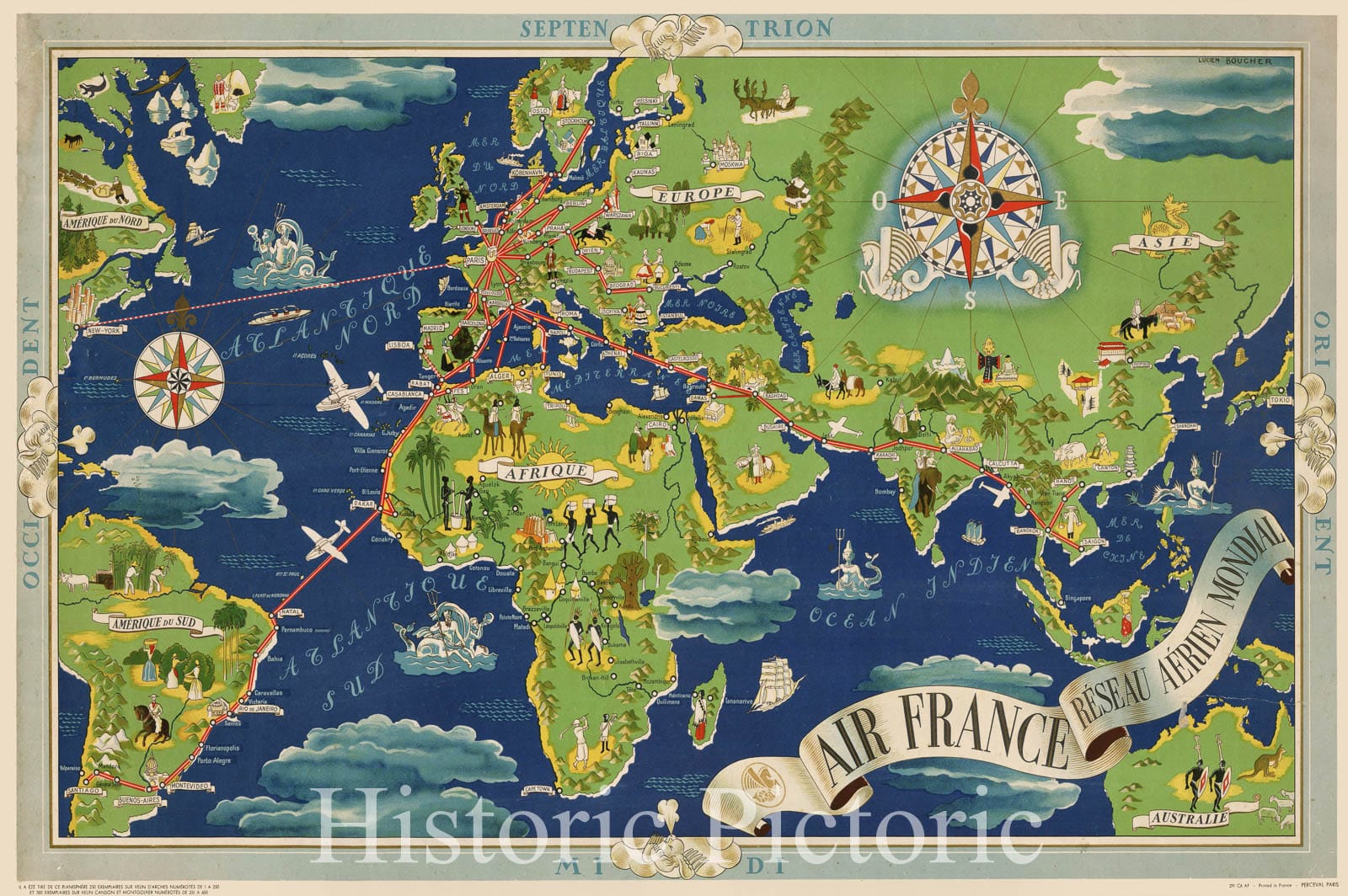 Historic Map - World Air France Reseau Aerien Mondial, 1945, Lucien Boucher v1