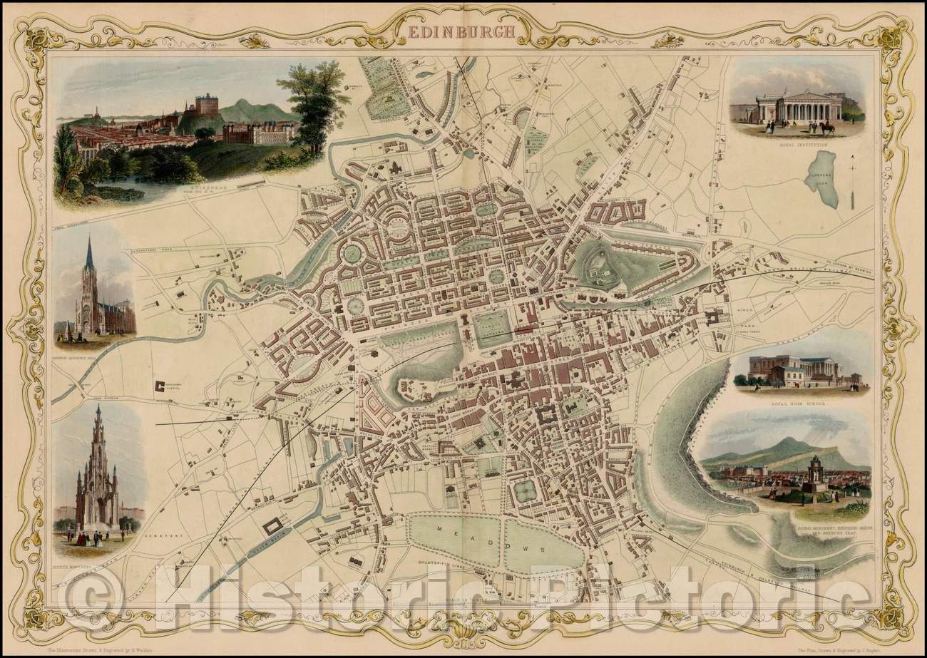 Historic Map - Edinburgh, United Kingdom, 1851, John Tallis - Vintage Wall Art