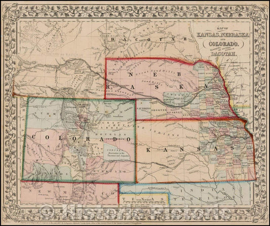 Historic Map - Map of Kansas, Nebraska and Colorado, Showing also the Southern portion of Dacotah [Wyoming shown as Attached to Dacotah], 1867 v1