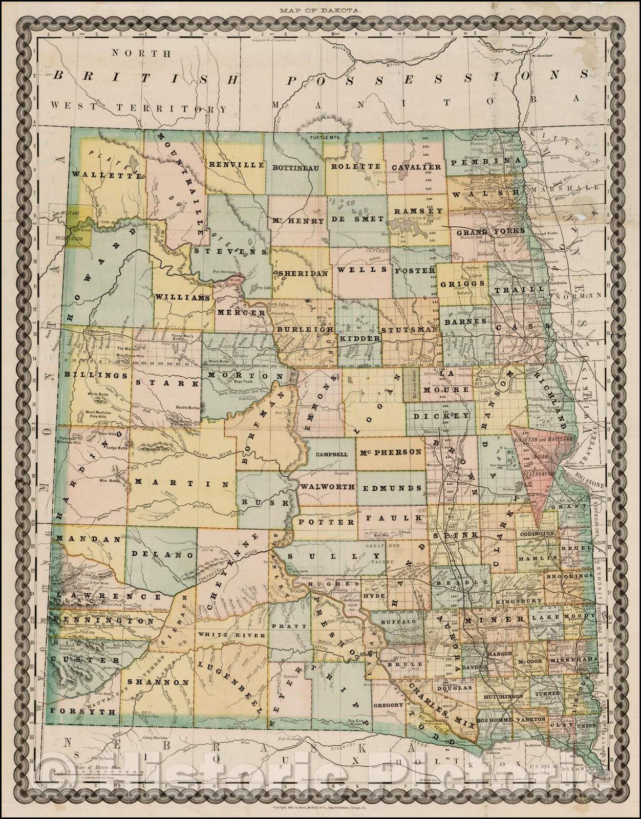 Historic Map - Dakota, 1881, Rand McNally & Company - Vintage Wall Art