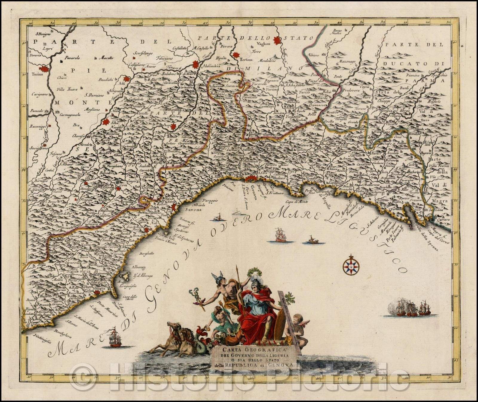 Historic Map - Carta Geografica Del Governo Della Liguria o Sia Dello Statos/Map of Liguria or Genoa, cartouche and elaborate marine scenes, 1740 - Vintage Wall Art