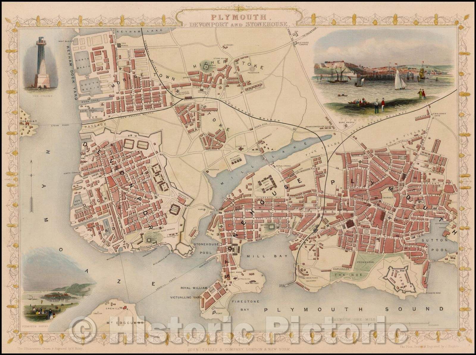 Historic Map - Plymouth, Devonport and Stonehouse, 1851, John Tallis - Vintage Wall Art