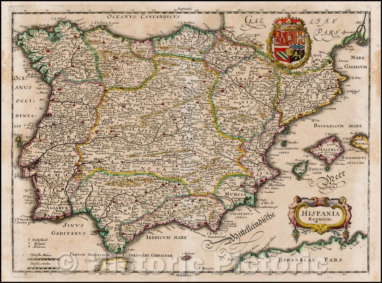Historic Map - Hispania Regnum/Map of the Iberian Peninsula, including Majorca, Minorca and Ibeza, 1638, Matthaus Merian - Vintage Wall Art