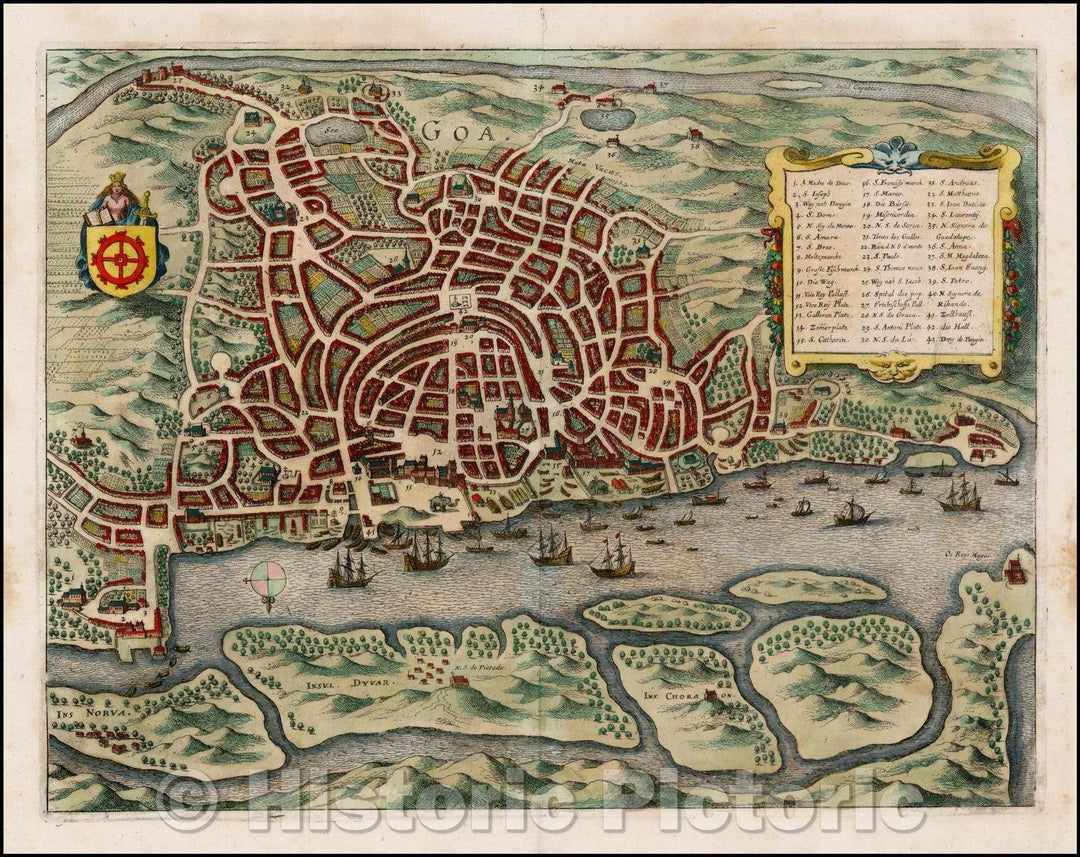 Historic Map - Plan of Goa, including a key naming 43 points of interest, from Merian's Archontologia Cosmica, 1650, Matthaus Merian - Vintage Wall Art