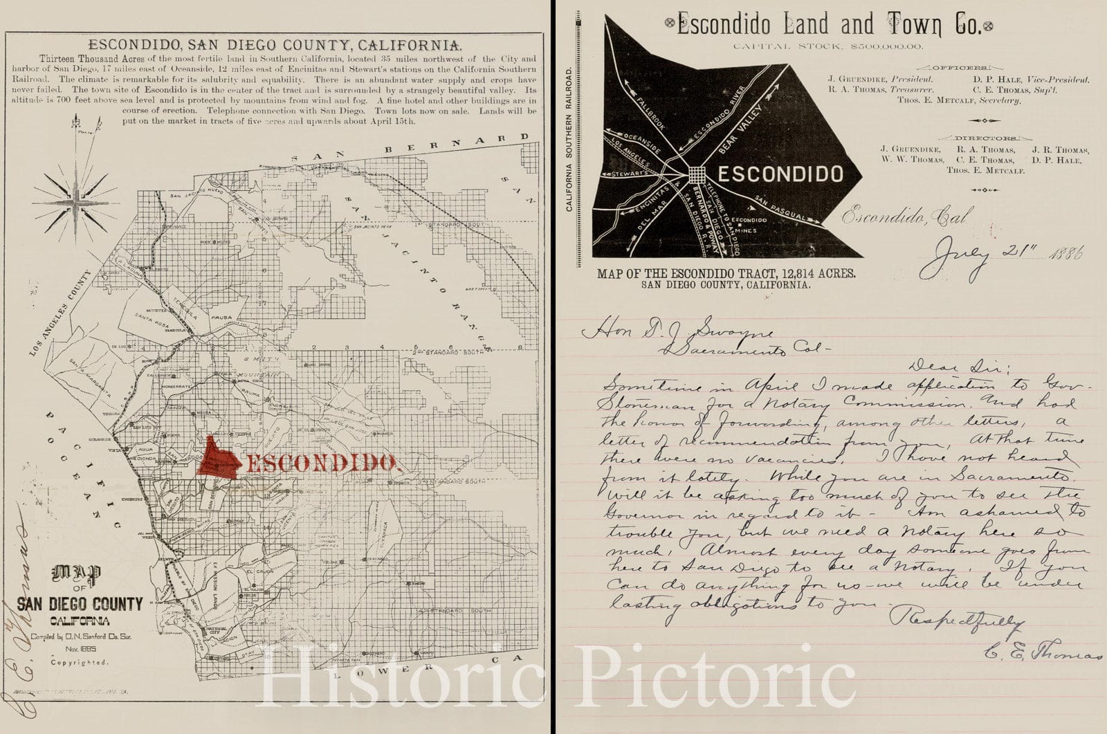 Historic Map - Map of San Diego County California, 1886, Escondido Land and Town Company - Vintage Wall Art