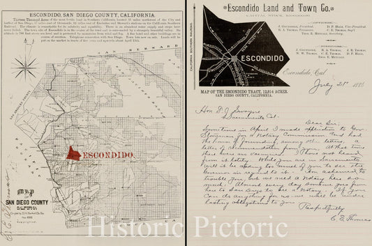 San Diego County - Land and Town Company Map, 1886 - Historical Map Print