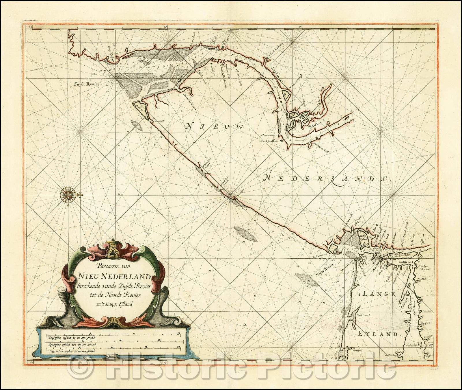 Historic Map - Pascaerte van Nieu Nederland Streckende vande Zuydt Revier tot de Noordt R, 1675 - Vintage Wall Art