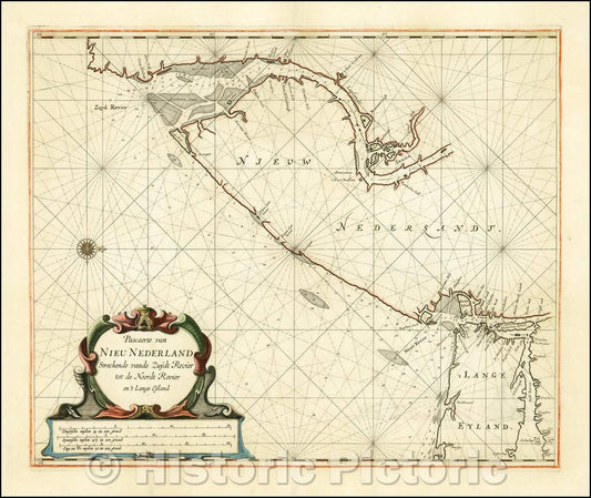 Historic Map - Pascaerte van Nieu Nederland Streckende vande Zuydt Revier tot de Noordt R, 1675 - Vintage Wall Art