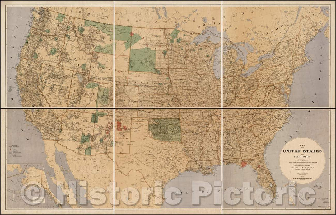 Historic Map - United States and Territories. Showing The Extent of Public Surveys, Indian and Military Reservations, Land Grant RR, Rail Roads, Canals, 1875 - Vintage Wall Art
