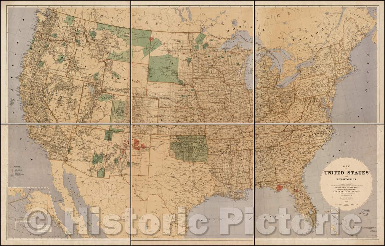 Historic Map - United States and Territories. Showing The Extent of Public Surveys, Indian and Military Reservations, Land Grant RR, Rail Roads, Canals, 1875 - Vintage Wall Art