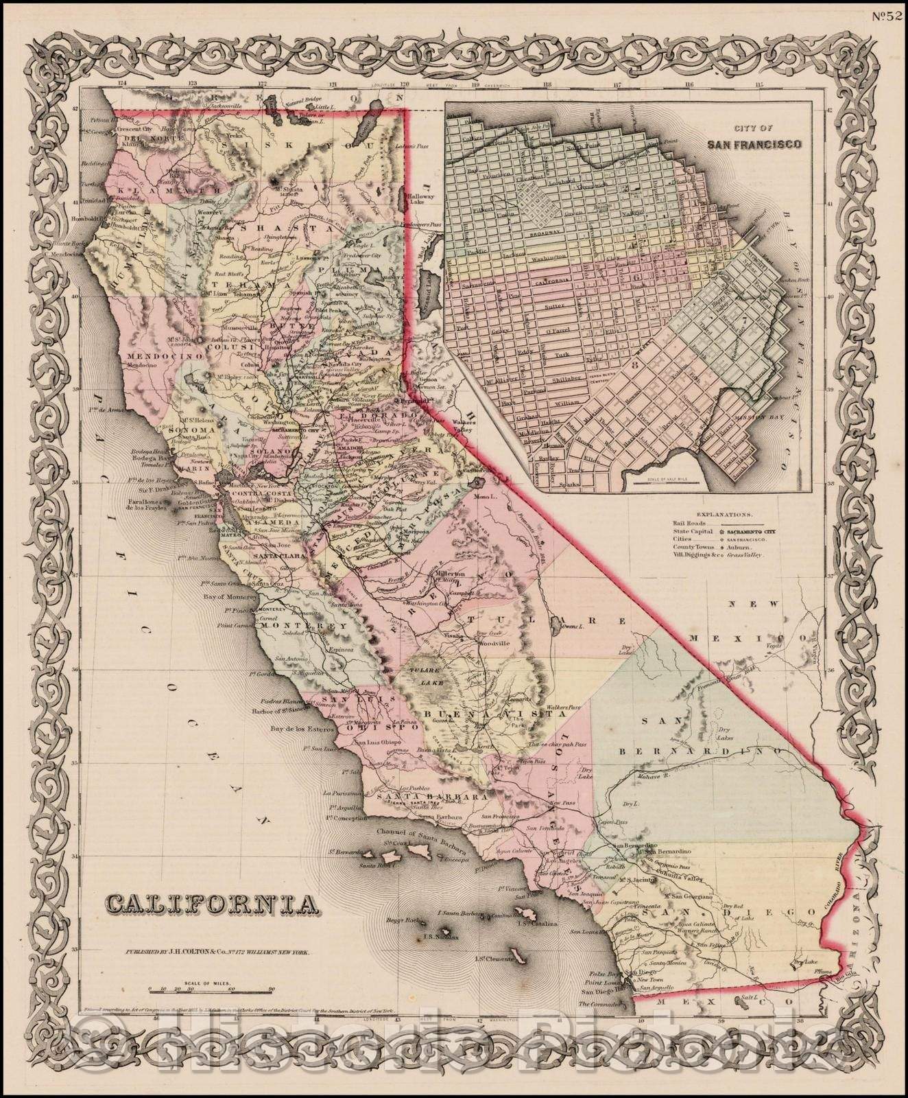 Historic Map - California, 1855, Joseph Hutchins Colton - Vintage Wall Art