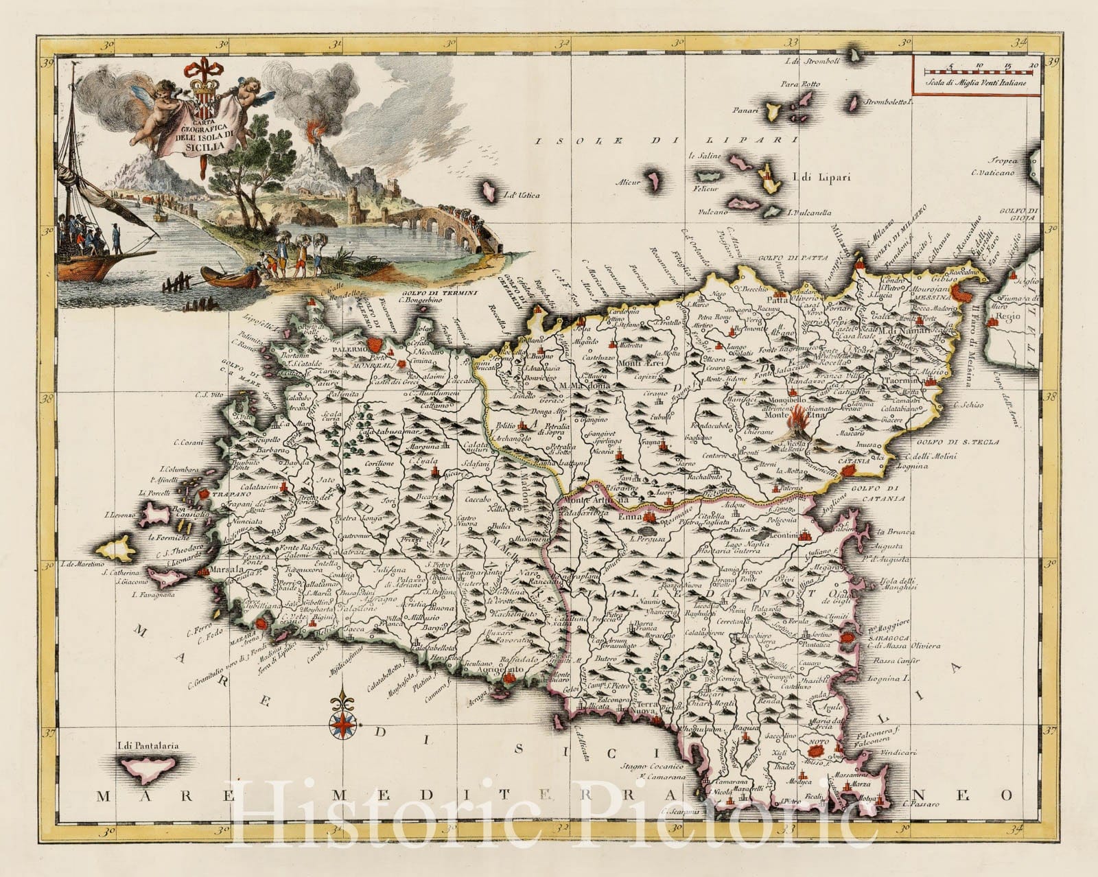 Historic Map - Carta Geografica Dell'Isola Di Sicilia/Map of the Island of Sicily based upon De L'Isle's Map, 1740, Giambattista Albrizzi - Vintage Wall Art