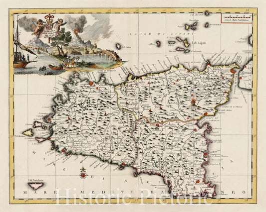 Historic Map - Carta Geografica Dell'Isola Di Sicilia/Map of the Island of Sicily based upon De L'Isle's Map, 1740, Giambattista Albrizzi - Vintage Wall Art
