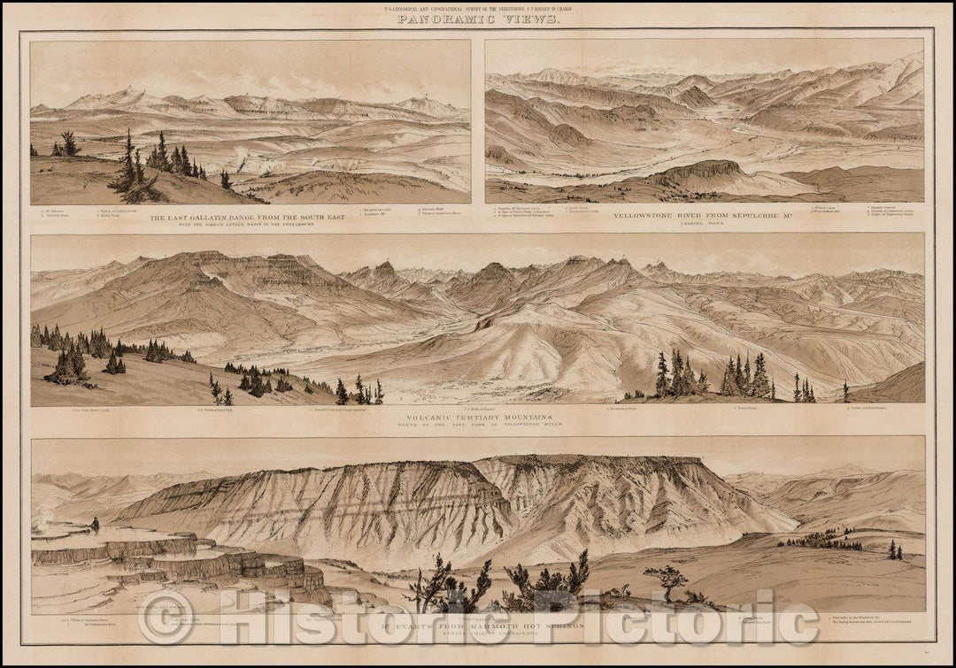 Historic Map - The East Gallatin Range From The South East/Yellowstone River From Sepulchre Mt. Looking Down/Volcanic Tertiary Mountains, 1883, F.V. Hayden - Vintage Wall Art