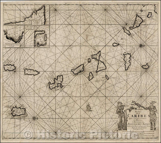 Historic Map - Pas kaart Van de Caribes Tusschen I. Barbados en I S. Martin/Pass card from the Caribes I. Between Barbados and I S. Martin. (St. Ba, 1720 - Vintage Wall Art