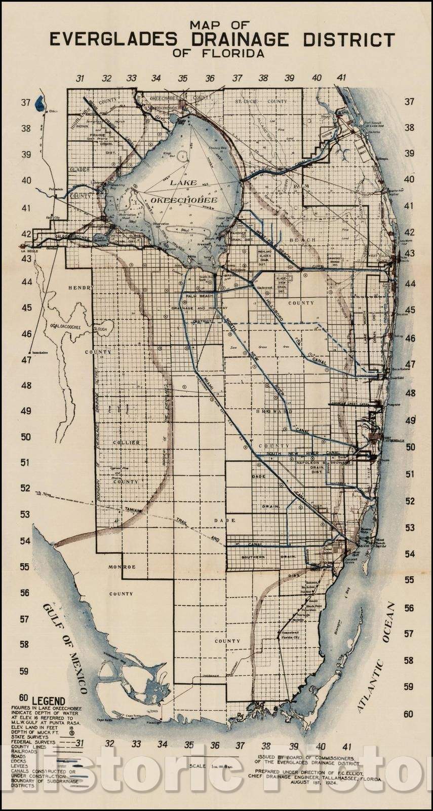 Historic Map - Map of Everglades Drainage District of Florida, 1924, Everglades Drainage District - Vintage Wall Art