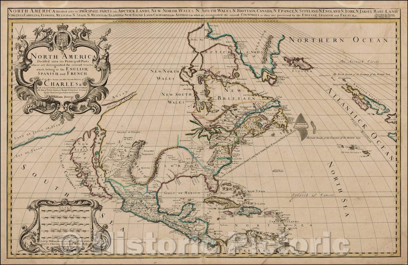 Historic Map - North America Divided into its Principall Parts where are distinguished the severall States which belong to the English, Spanish and French, 1681 - Vintage Wall Art