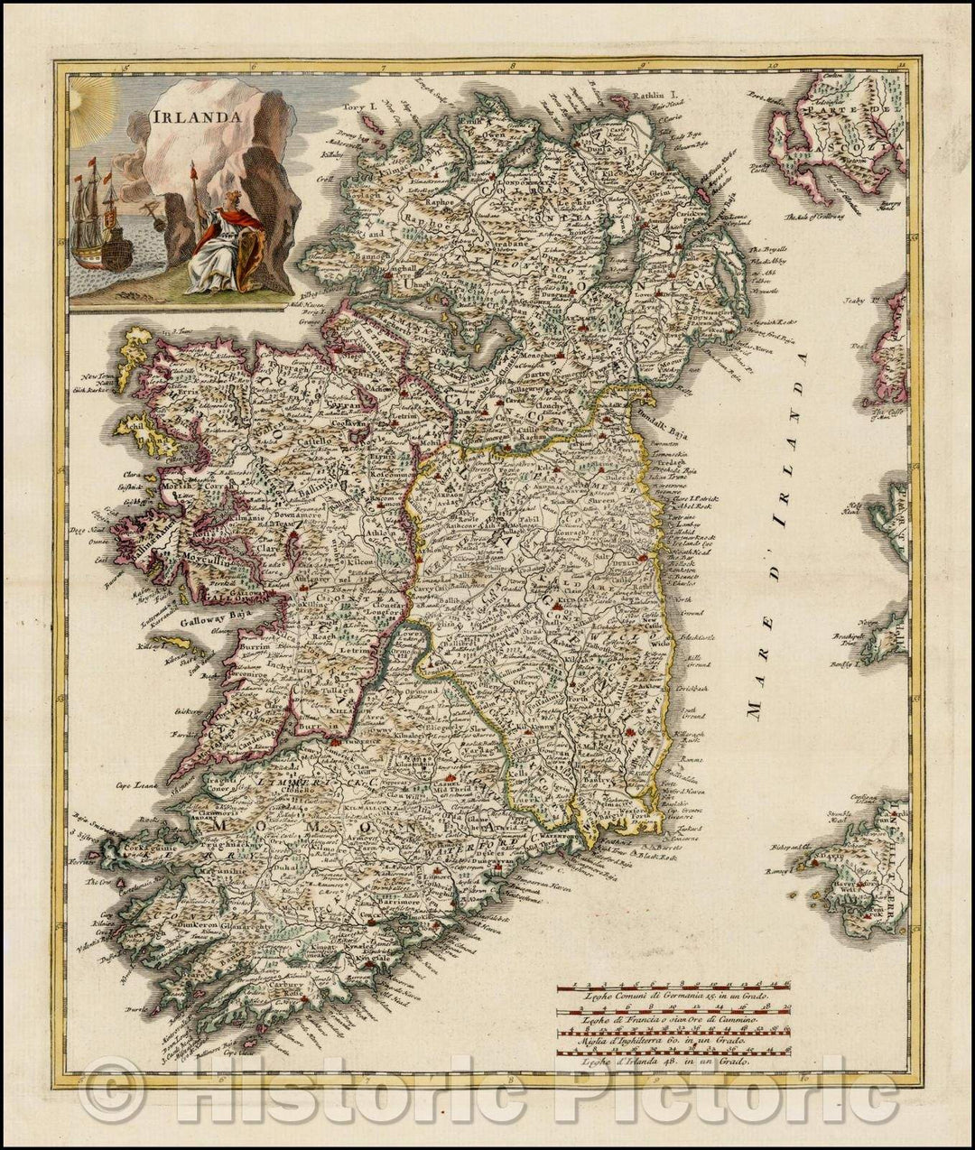 Historic Map - Ireland, 1743, Giambattista Albrizzi - Vintage Wall Art