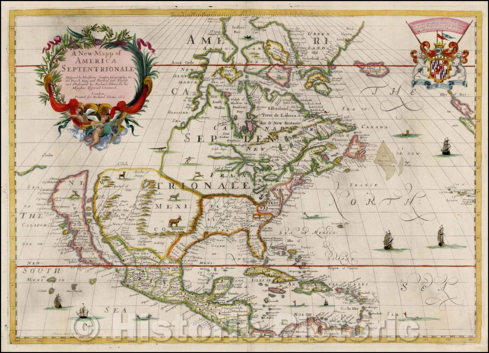 Historic Map - A New Mapp of America Septentrionale, 1669, Richard Blome - Vintage Wall Art