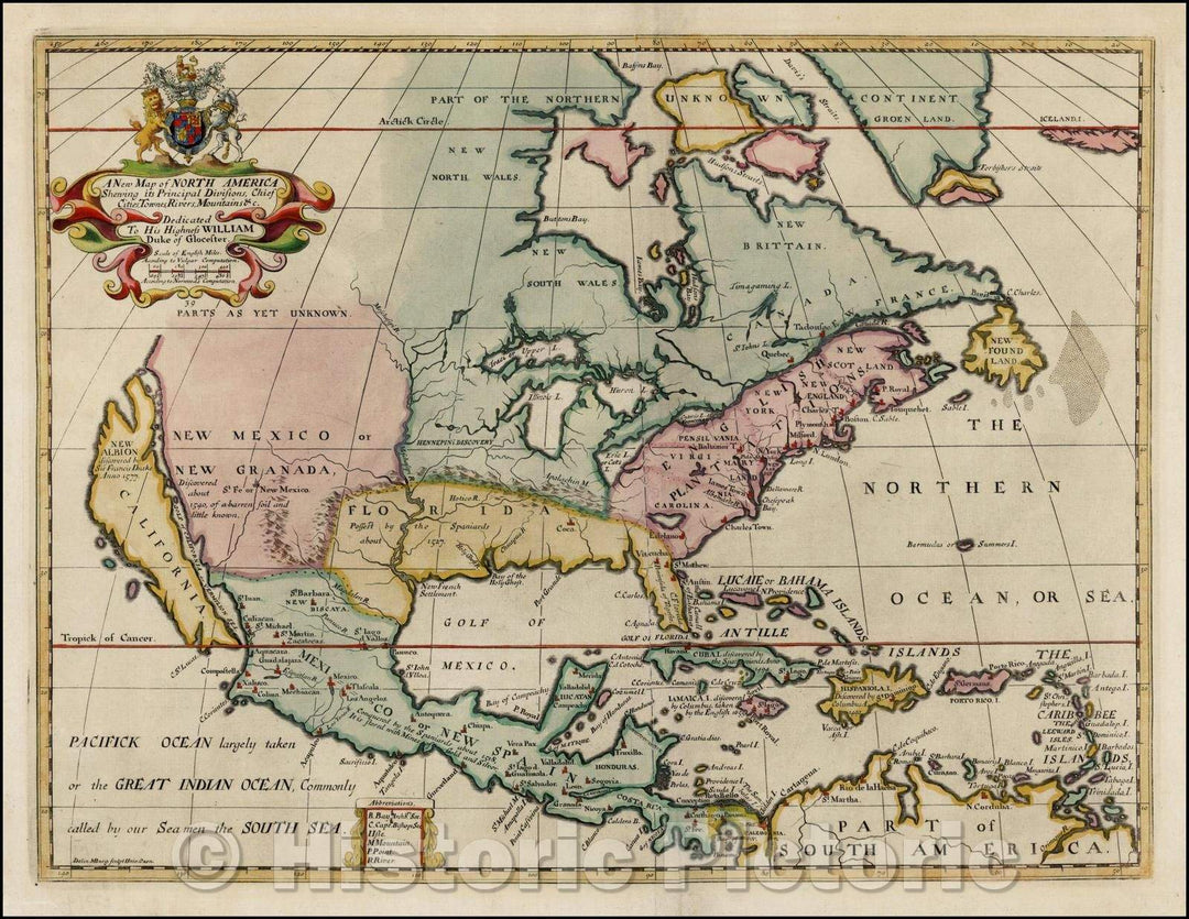 Historic Map - North America Shewing its Principal Divisions, Chief Cities, Townes, Rivers, Mountains, 1701, Edward Wells v1
