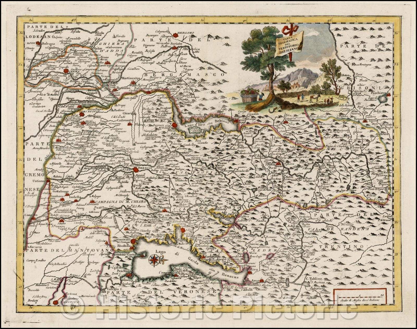 Historic Map - Carta Geografica Del Territorio Bresciano/Map the Territory of Bresciano based upon De L'Isle's Map, 1740, Giambattista Albrizzi - Vintage Wall Art